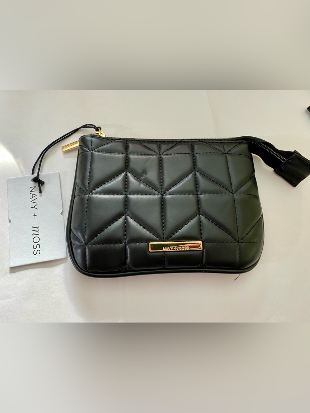 Navy+moss Quilted Zippered Pouch in Black